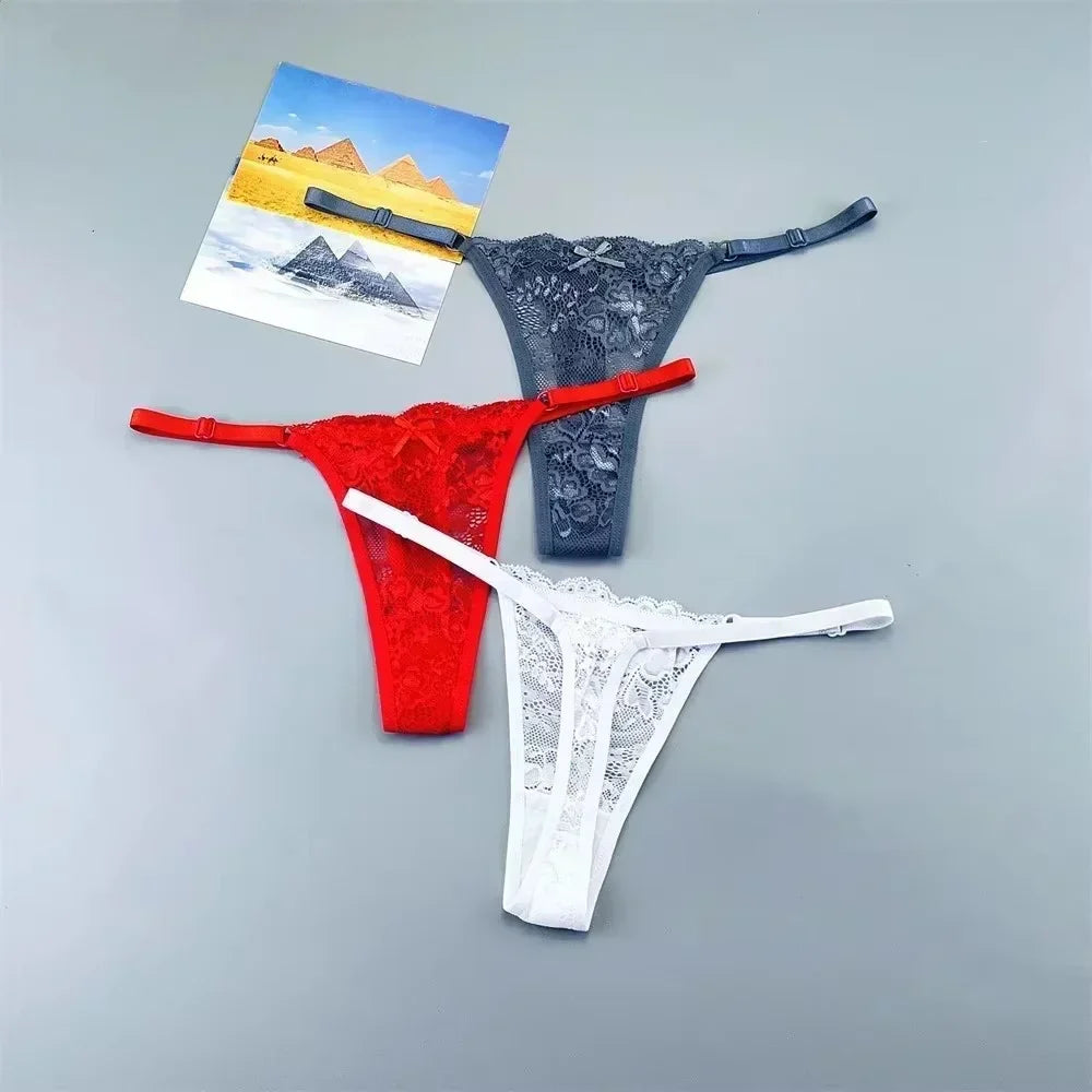 Women's Sexy Lace Thong Set - 3-Piece Sheer G-String Low Waist Plus Size Lingerie