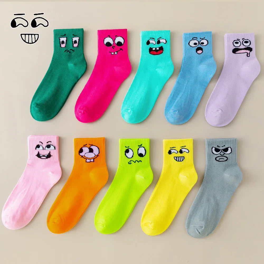 5/10 Pack Women’s Cartoon Mid-Tube Socks – Trendy Solid Color Sports & Leisure Socks for Spring and Summer