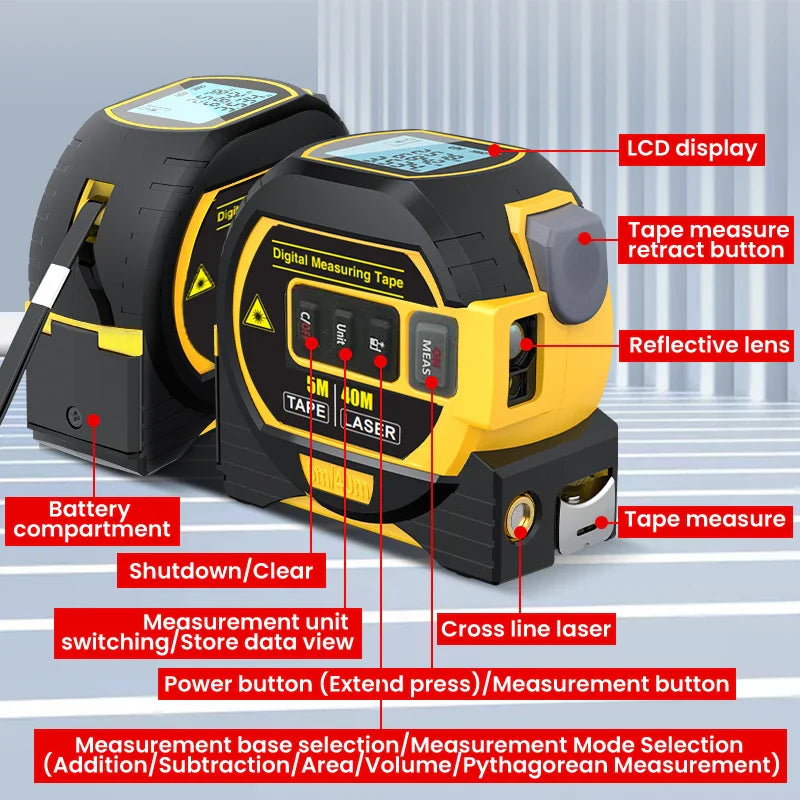 3-in-1 Laser Tape Measure: High Precision Digital Rangefinder with Steel Tape - 1 Piece