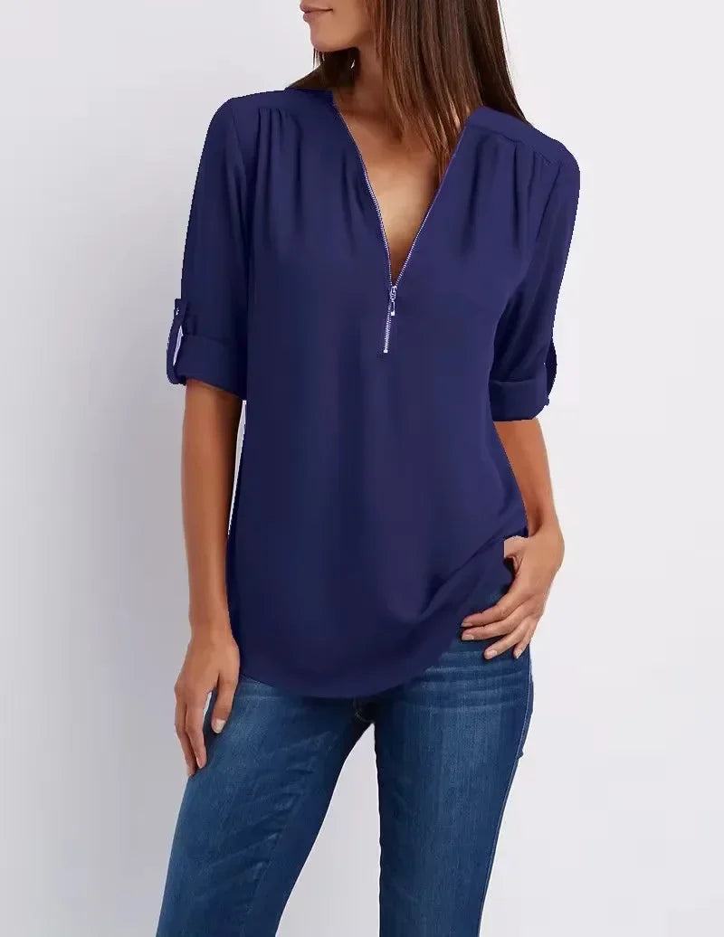 Women’s 2025 Hot Sale Loose Chiffon Blouse – Deep V-Neck Casual Top with Zipper Pullover Plus Size