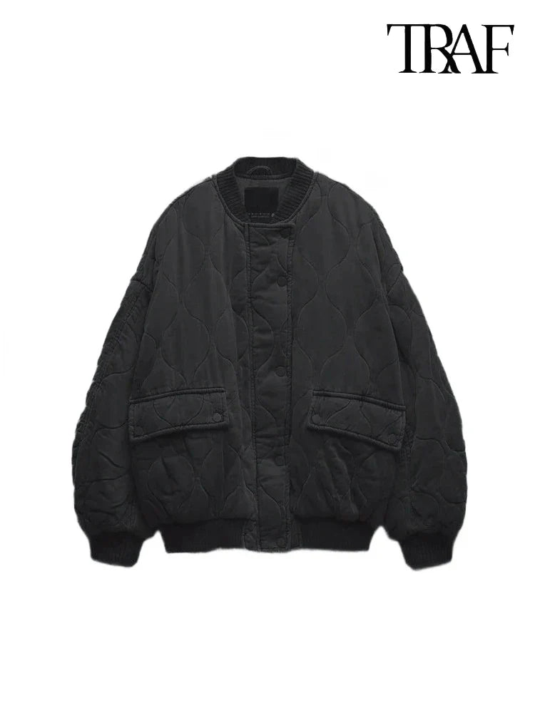 TRAF Women’s Quilted Aviator Jacket – Solid Color Round Collar Long Sleeve Casual Coat