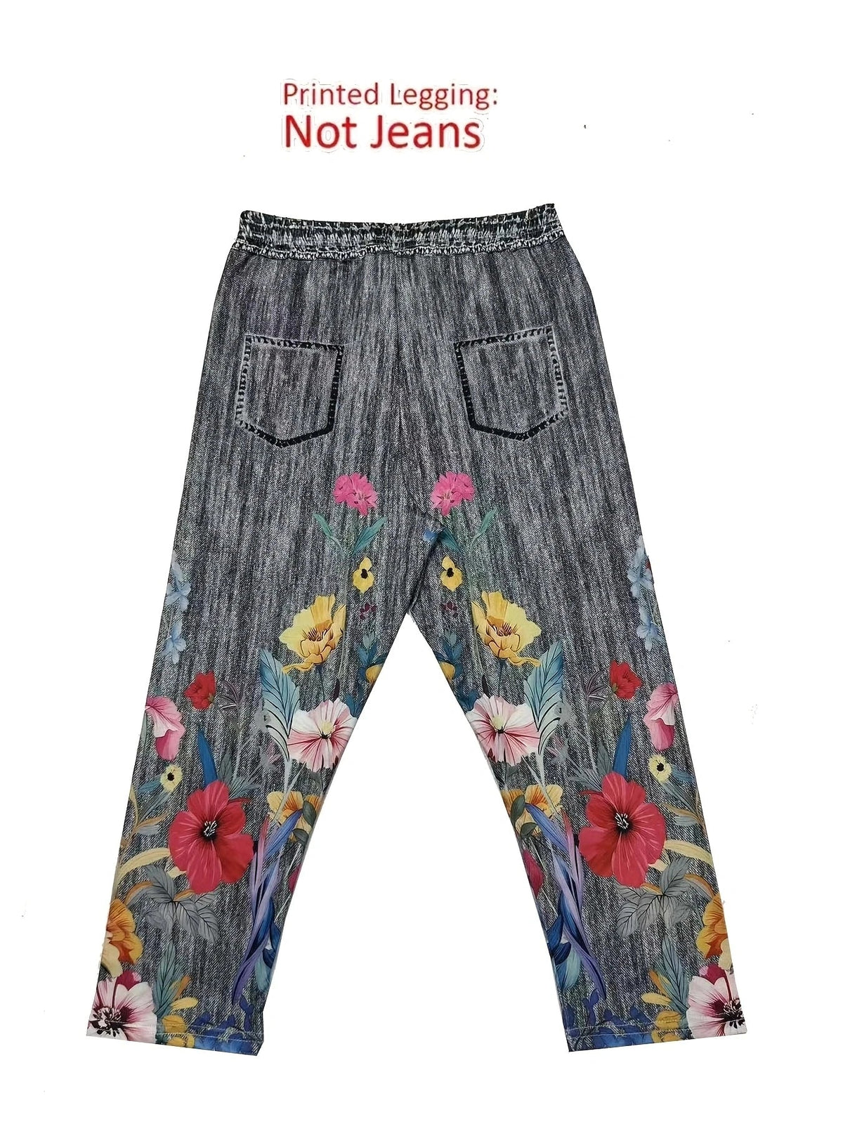 Women's Floral Print Capri Leggings - High-Stretch Faux Denim Slim-Fit Cropped Pants