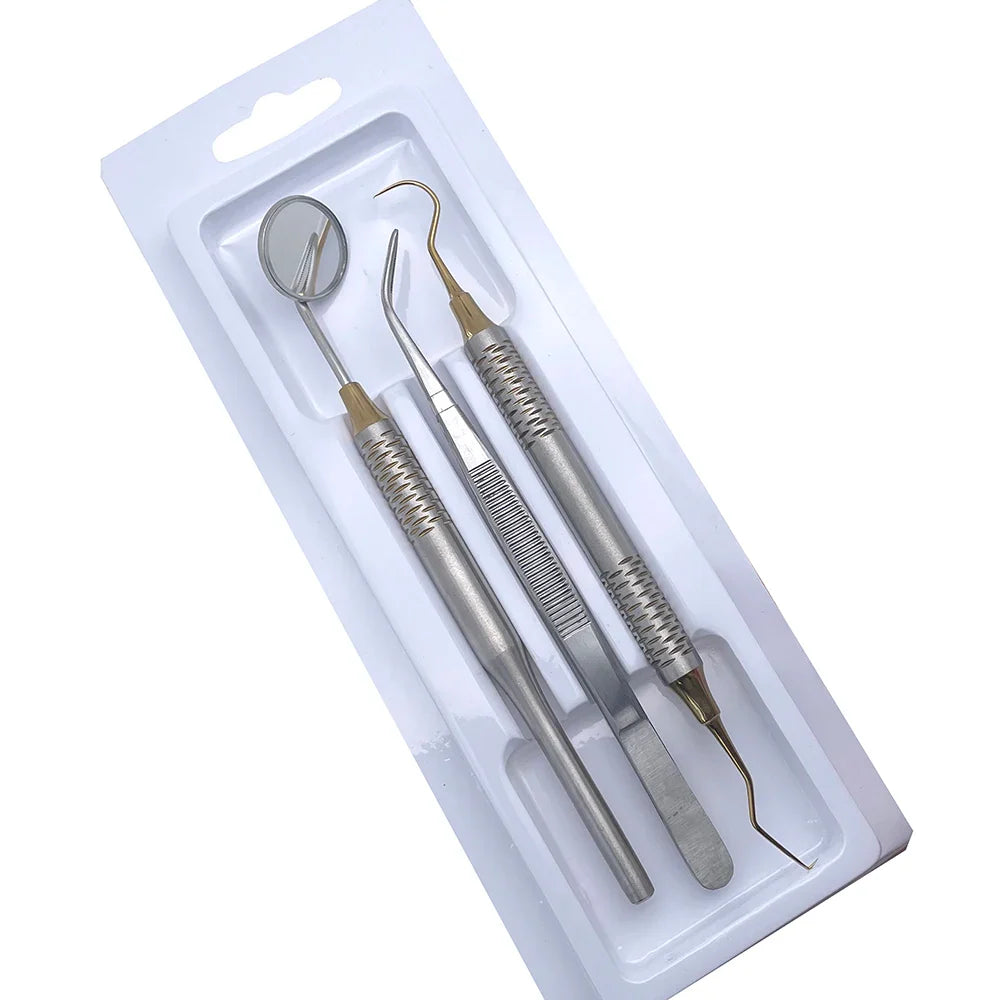 3pcs Dental Mouth Mirror Tweezers & Curved Probe Kit – Stainless Steel Oral Cleaning Instruments