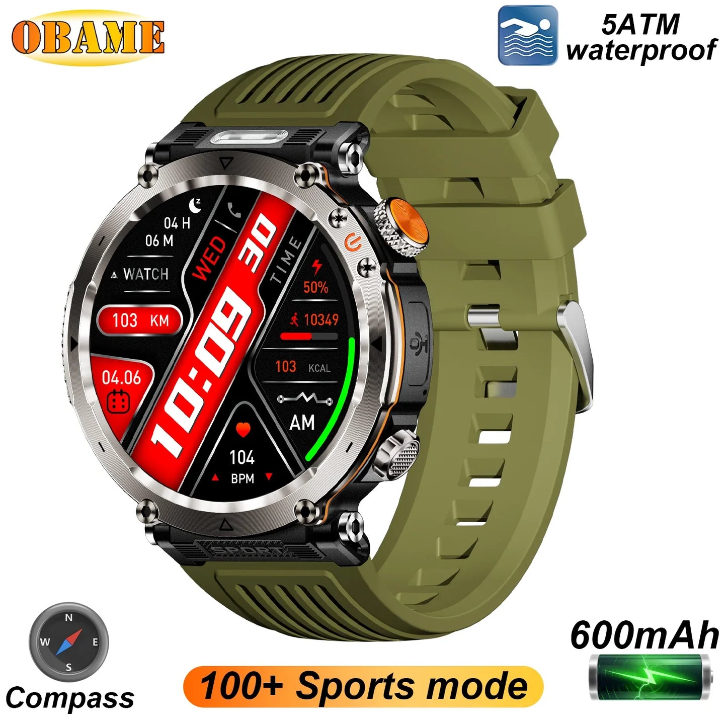 2025 5ATM Outdoor Smartwatch for Men – 600mAh Battery, LED Flashlight, Compass, Bluetooth Call, Heart Rate, IP68 Sports Watch