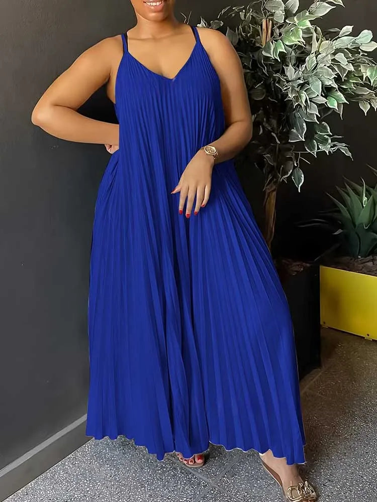 Women’s Summer Sleeveless V-Neck Dress – Elegant Pleated Loose Long Dress, Thin Straps, Plus Size