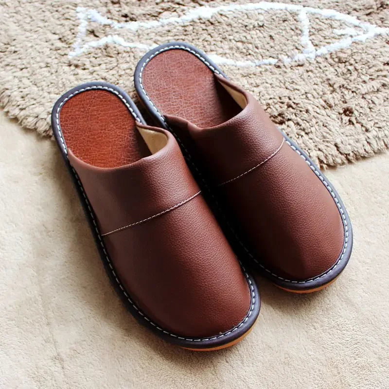 Men’s PU Leather House Slippers - Waterproof Soft Indoor Bedroom Shoes with Comfort Flat Sole