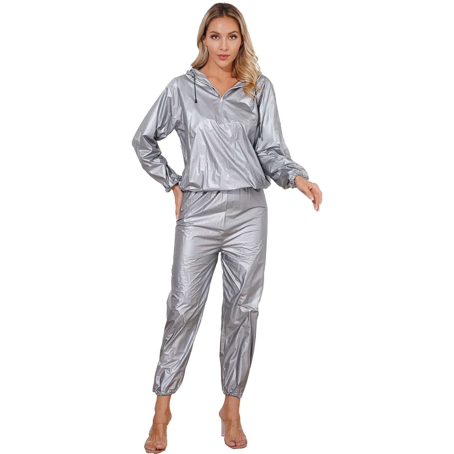 Unisex PVC Sauna Suit — Long Sleeve Top & Elastic Waistband Pants for Men & Women, Slimming Fitness Workout Outfit
