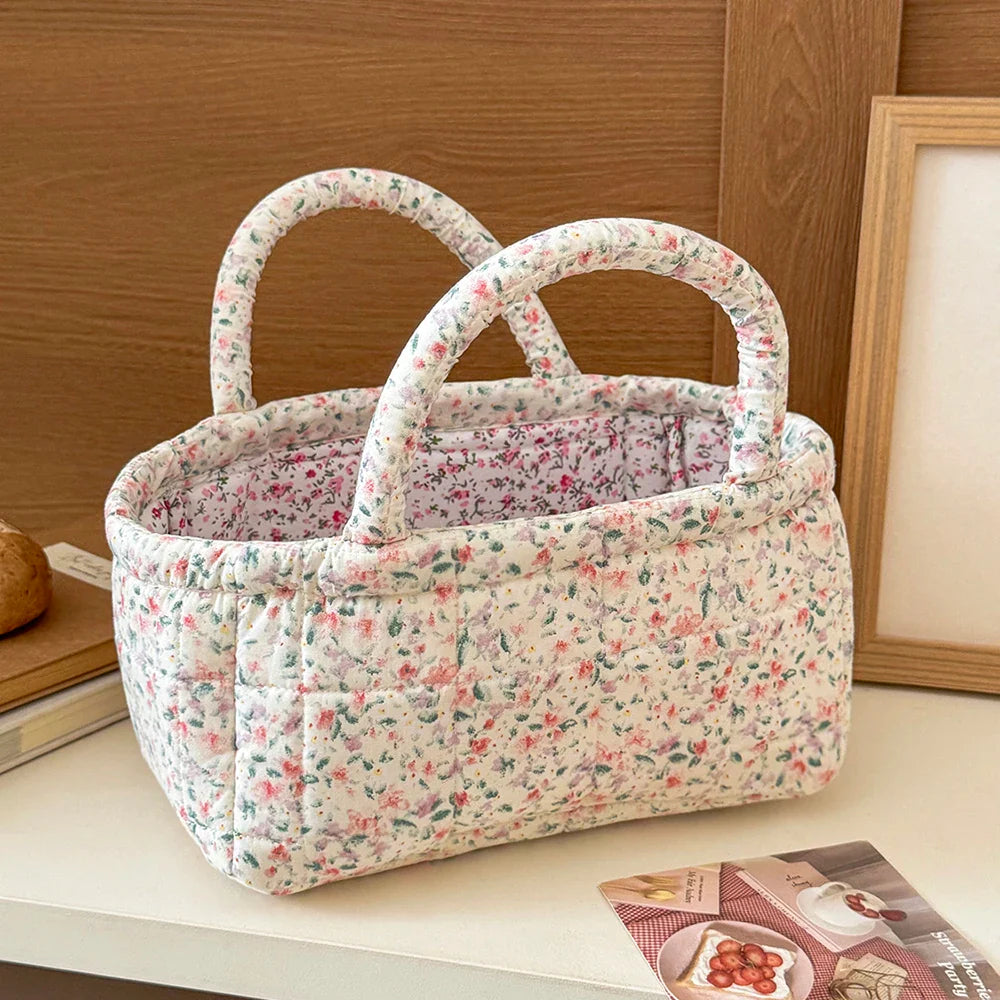 Cute Pink Flower Quilted Storage Basket with Handle – Foldable Home Organizer for Pet Toys & Room Storage