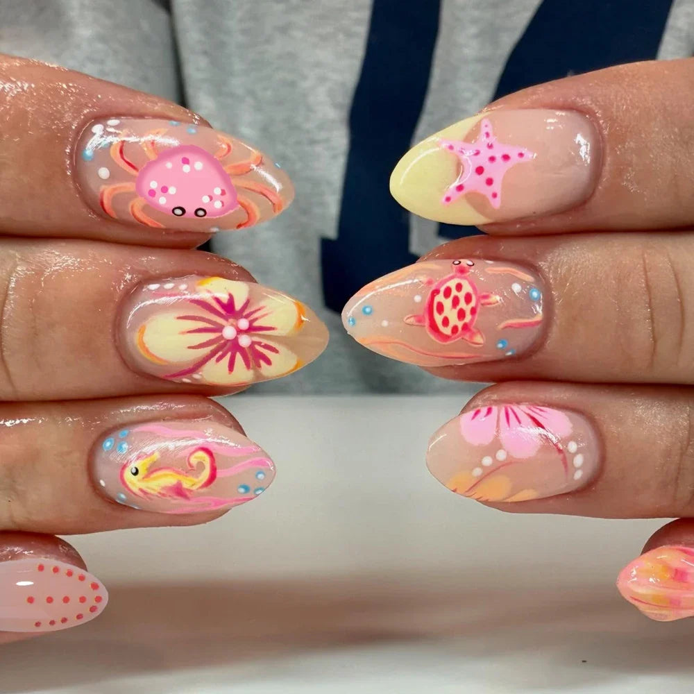 24pcs Short Oval 3D Gel Nail Stickers - Pearl Flower French Acrylic Press-On Nails for Easy Nail Art