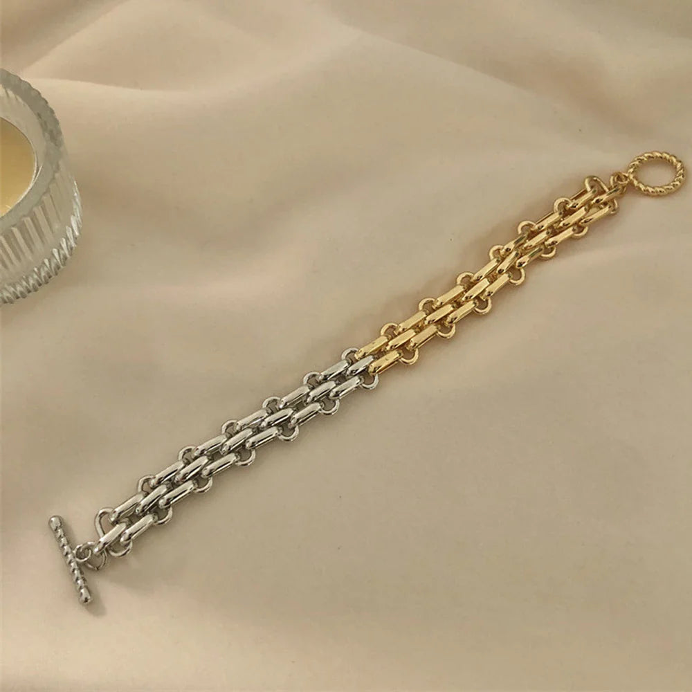 Women’s Punk Chunky Two-Tone Chain Bracelet – Gold & Silver Wide Link Statement Jewelry with Toggle Clasp