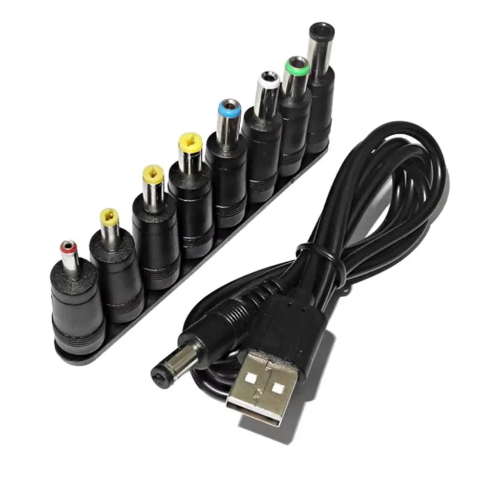 Universal USB to DC 5.5×2.1mm Power Cable – 5V Charging Cord with 8 Connector Tips for CCTV & TV Box
