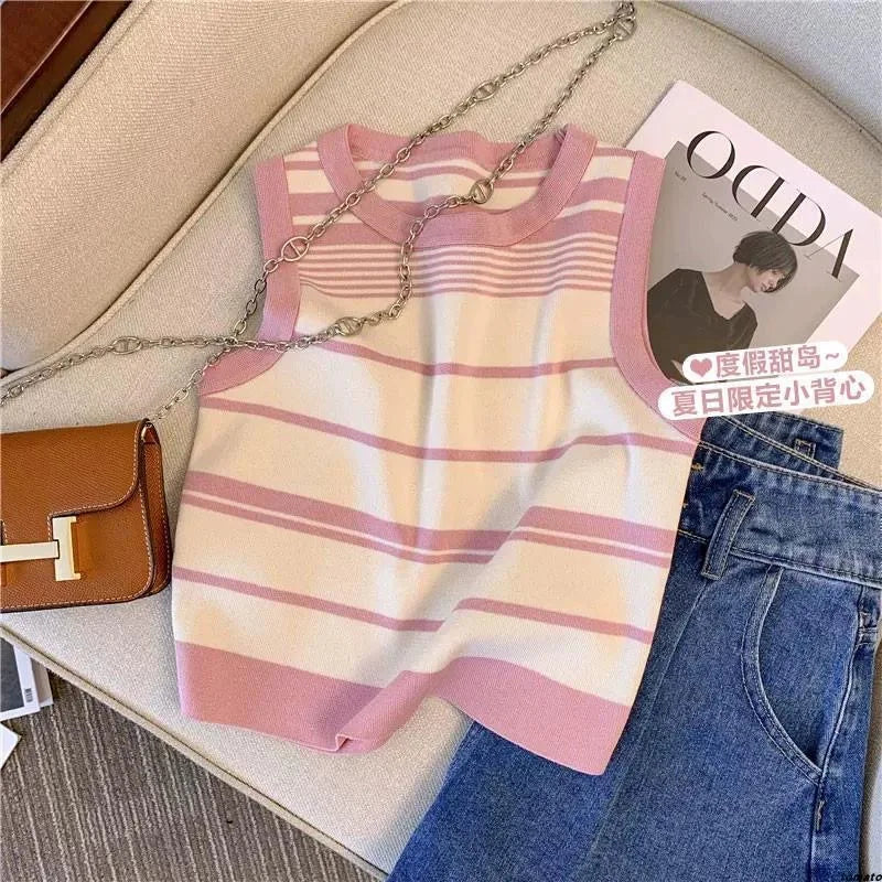 Women's Casual Striped Knit Sleeveless Tank Top with Contrast Trim – Pink, Black & White