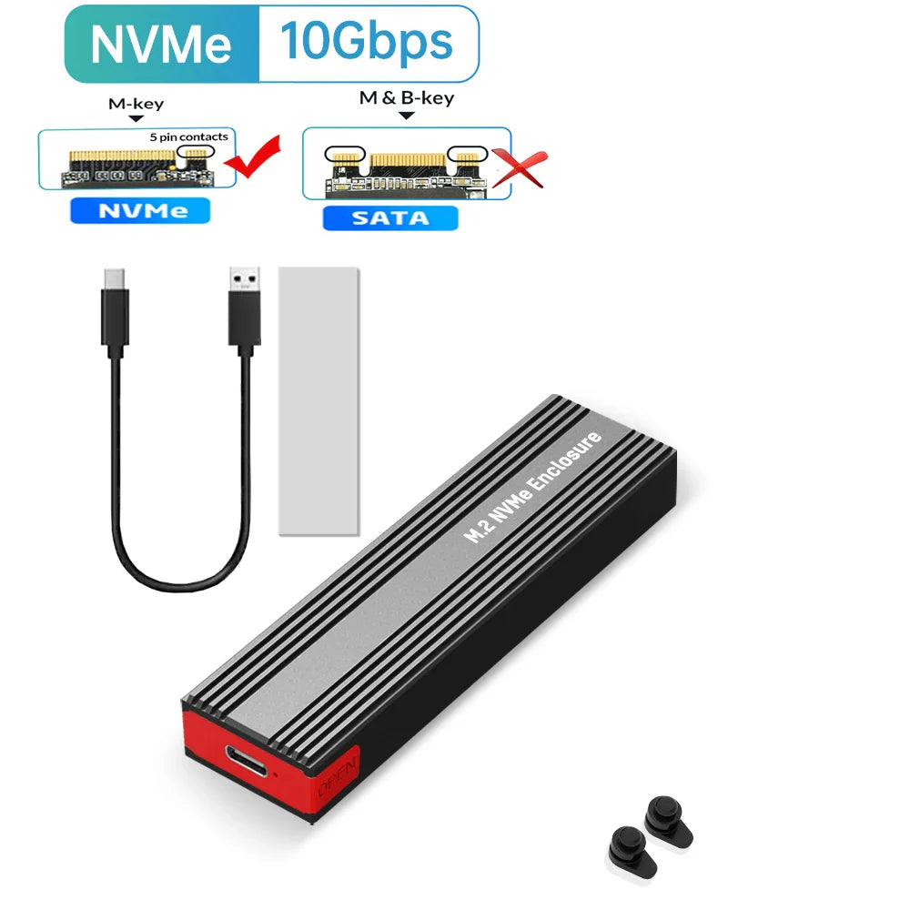 M2 NVMe SSD Enclosure – 10Gbps PCIe SSD Case, Portable USB-C 3.2 Gen2 Adapter with Heat Sink Pad, Tool-Free External Box for M.2 SSD