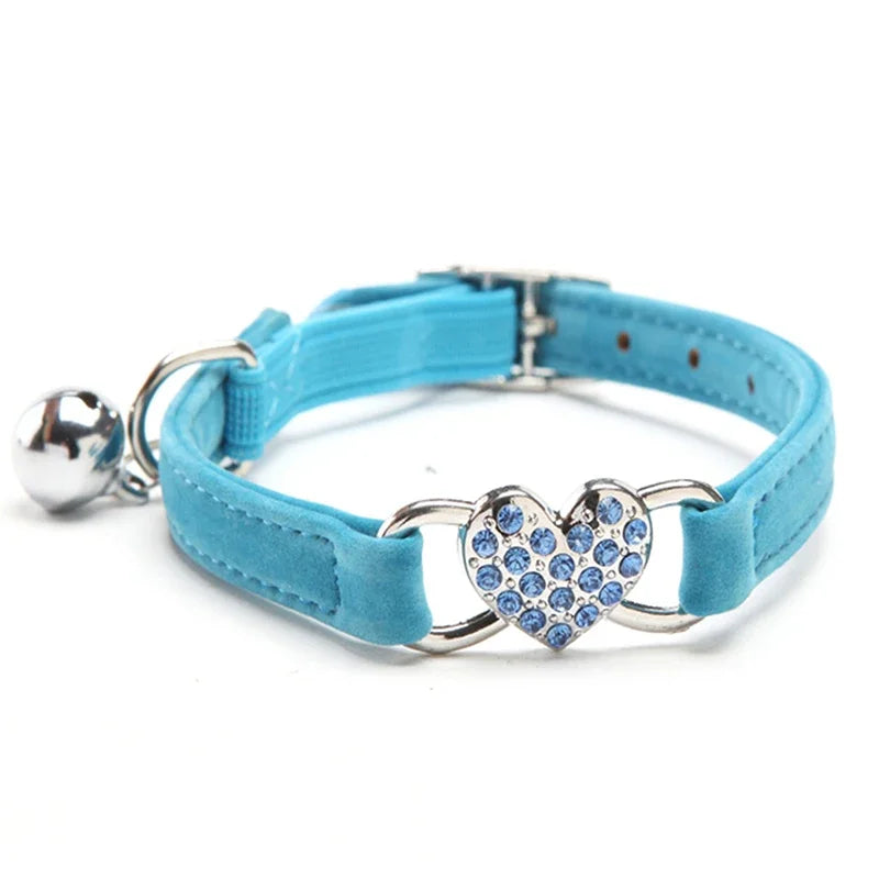 Heart Charm Cat Collar with Bell – Adjustable Safety Elastic Velvet Collar for Small Cats & Dogs, 8 Colors