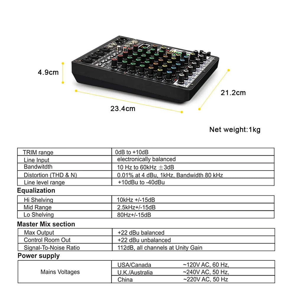 TKLBLS Professional 6 Channel Audio Mixer – 99 DSP Effects, 48V Phantom Power, USB, Bluetooth DJ Console for Studio & Karaoke