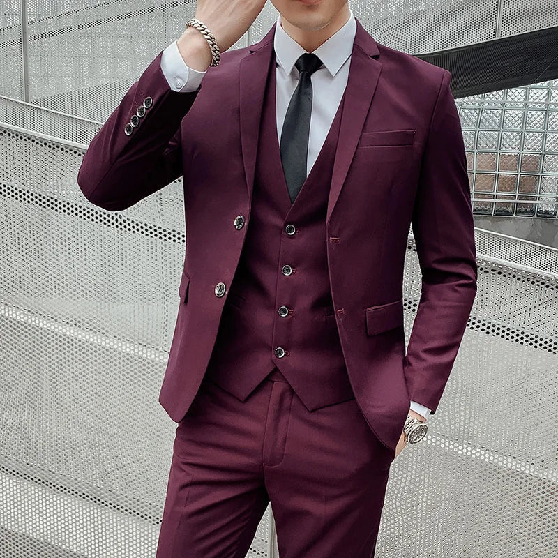 Men’s Business Suit Set — Blazer, Vest & Pants, Slim Fit Solid Color Wedding & Formal Dress Suit, Plus Size