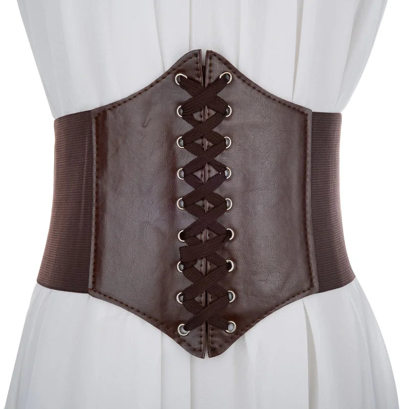 Women’s Punk Black PU Leather Corset Belt – Wide Elastic High-Waist Body Belt for Dress & Slimming