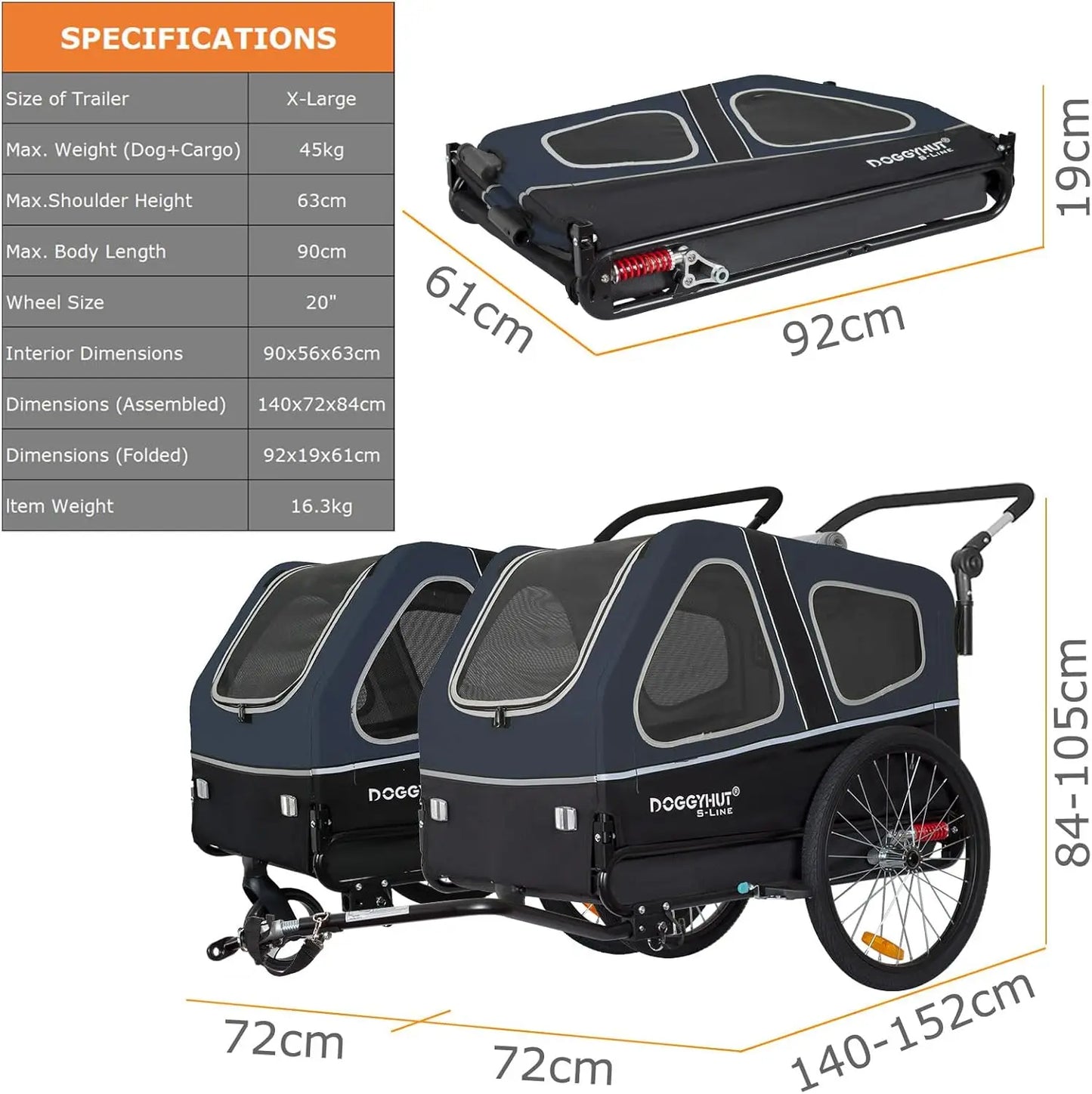 S-Line XL Pet Bike Trailer & Stroller — Folding Dog Cart with Suspension Wheels for Pets up to 100 lbs