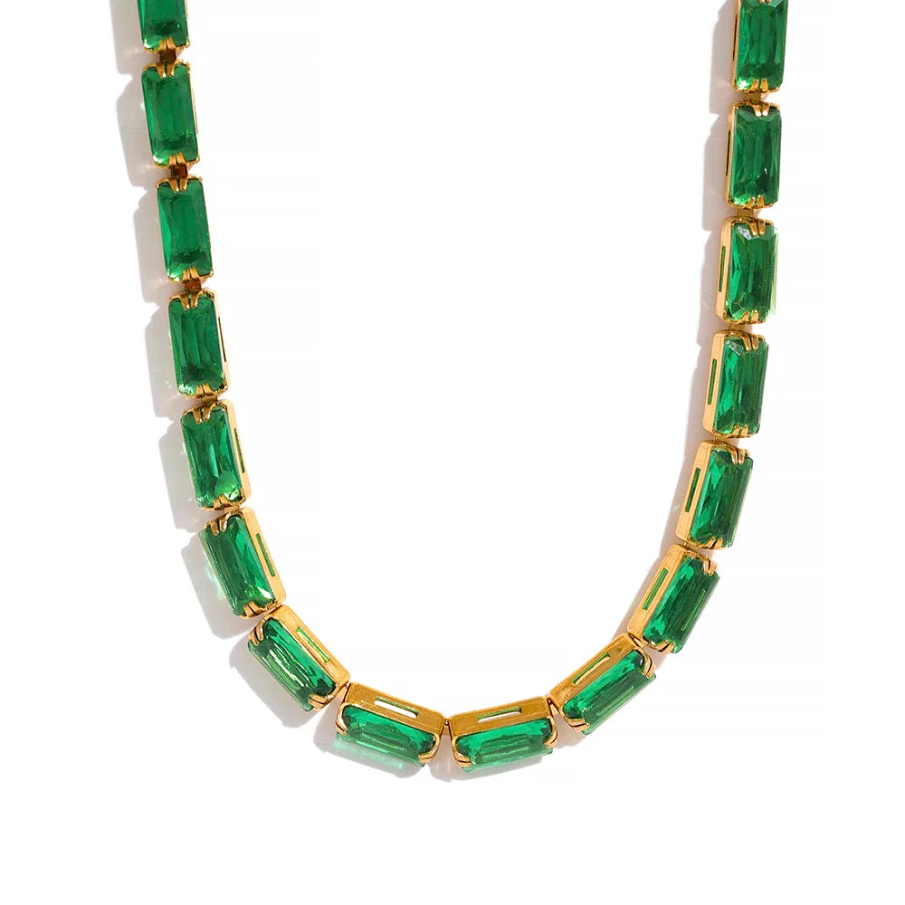 Yhpup Waterproof White & Green Cubic Zirconia Stainless Steel Necklace Bracelet Jewelry Set for Women