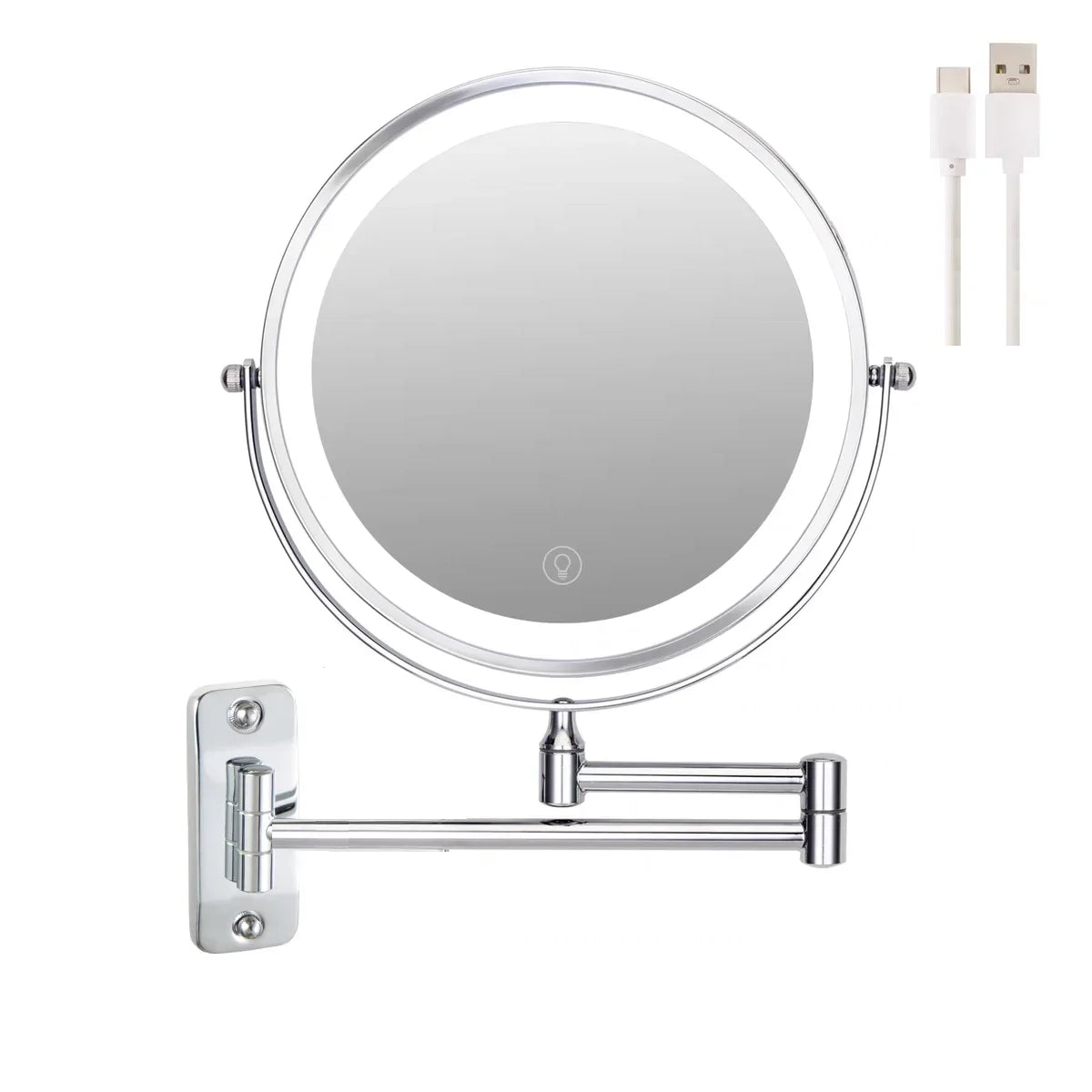 8-Inch Double-Sided LED Makeup Mirror - 10X Magnification, 360° Rotating, Wall Mounted, Foldable Vanity Mirror