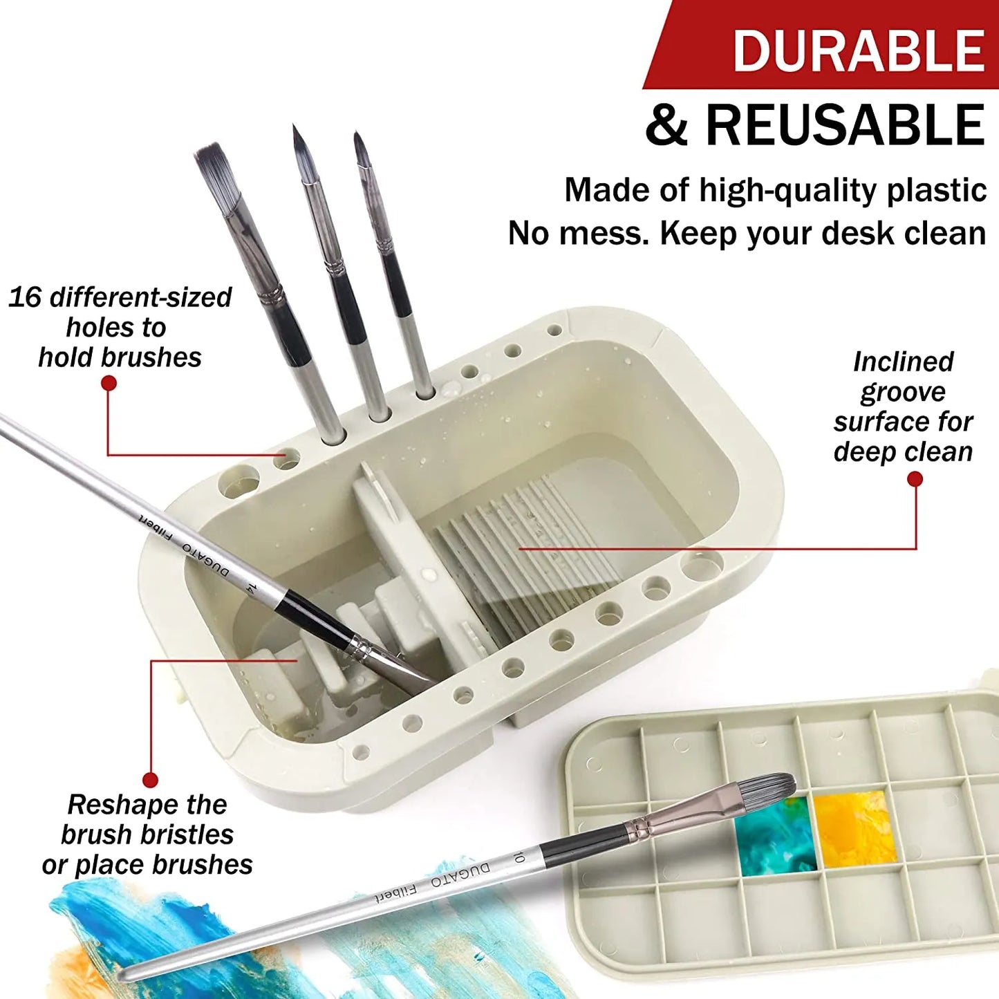 Multifunctional Paint Brush Cleaner: Basin Holder & Organizer with Tray Palette Lid - Includes 2 Art Sponges