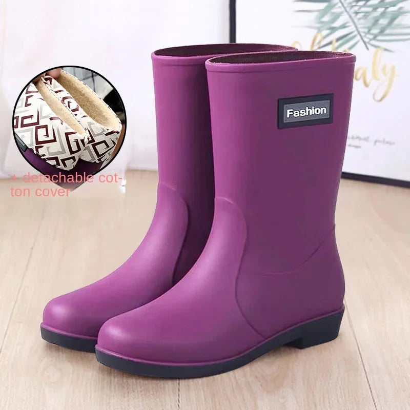 Women’s Four-Season Waterproof Rain Boots – Mid-Tube Non-Slip Rubber Shoes with Cotton Lining for Outdoor Fashion