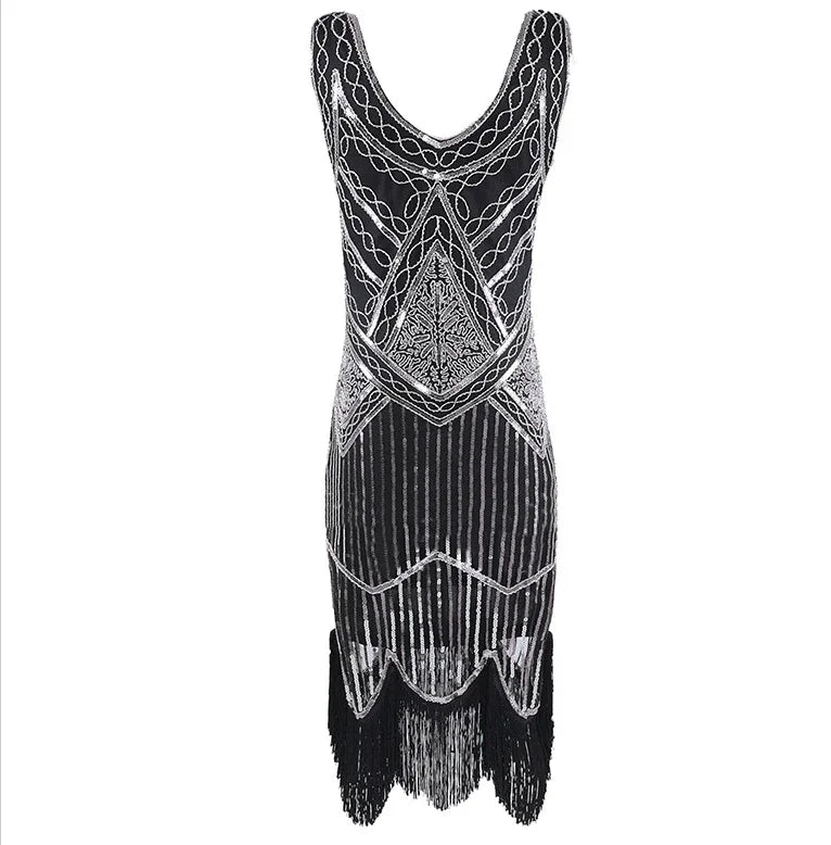 Women’s 1920s Great Gatsby Flapper Dress – Vintage V-Neck Sequin & Bead Long Mesh Maxi Party Prom Gown