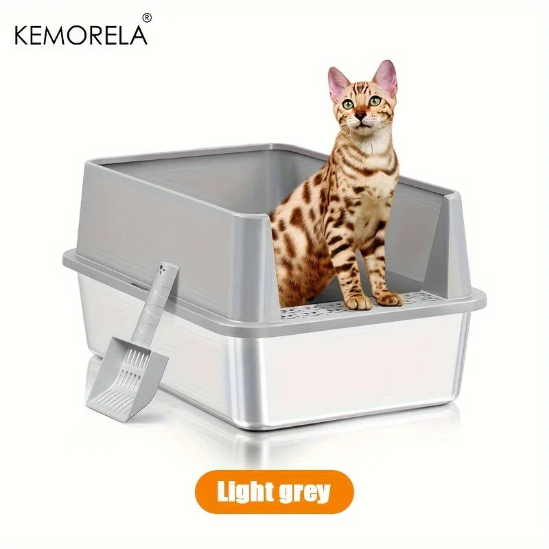 Super Large XL Stainless Steel Cat Litter Box with Lid – High Side Closed Design for Large & Small Cats, Includes Scoop