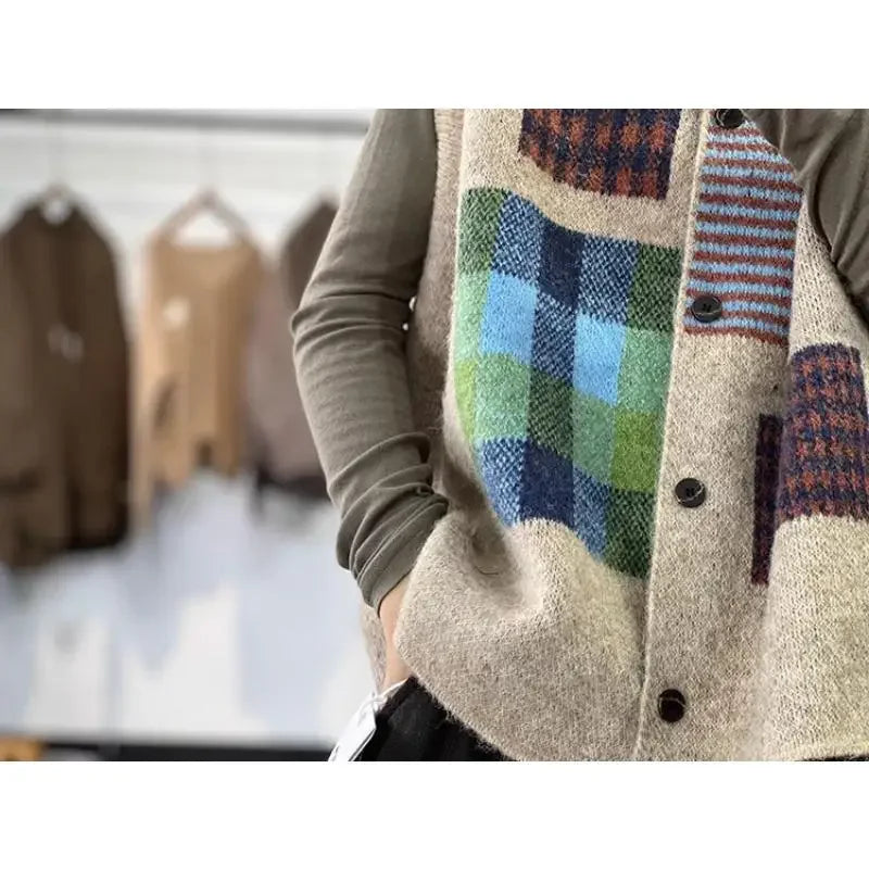DIMANAF Plus Size Women’s Plaid Sleeveless Vest Sweater – Oversized Casual Loose Vintage Lady Knit Jumper Cardigan