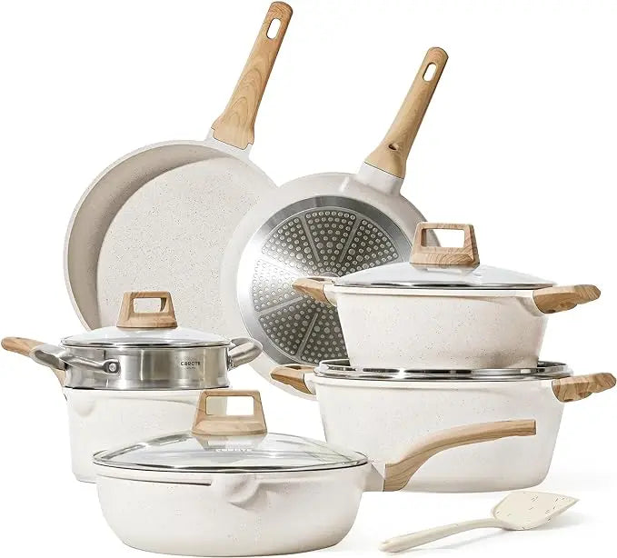 CAROTE 21 Piece White Granite Nonstick Cookware Set - Induction-Ready Pots, Pans, and Frying Pans
