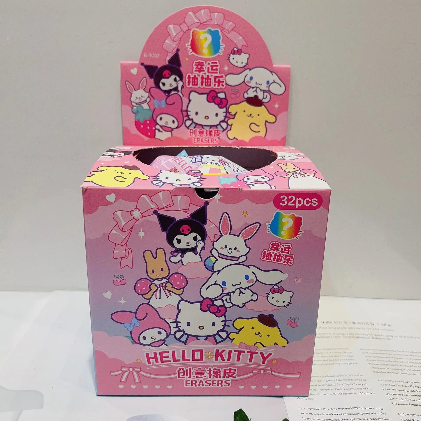 32pcs Blind Box Cartoon Erasers — Cute Kitty, My Melody & Kuromi KT Cat Mystery Box, Fun Stationery for Students & Birthday Gifts