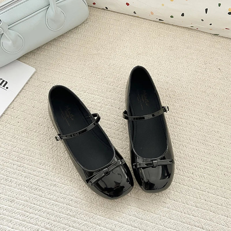 Spring Autumn Wine Red Mary Jane Shoes – Women’s Low Heel Leather Flats with Butterfly Knot & Round Toe