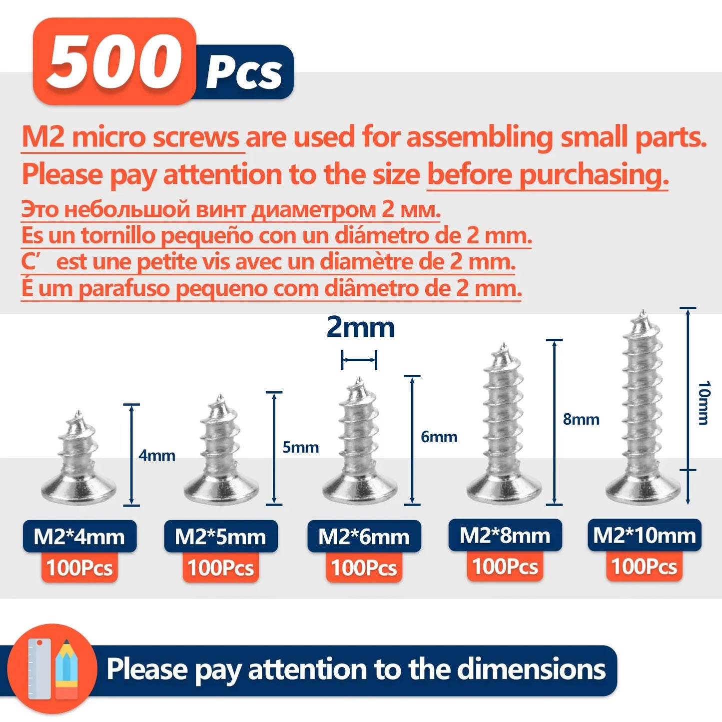 500pcs M2 Self Tapping Screws Kit - Mini Alloy Steel Phillips Flat Head Wood Screw Assortment Set for DIY Projects