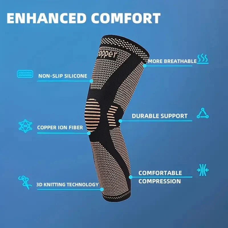 Copper Compression Knee Sleeves – Stretchable Breathable Knee Brace Support for Full Leg Stability, Pain Relief & Sports Recovery Knit Fabric