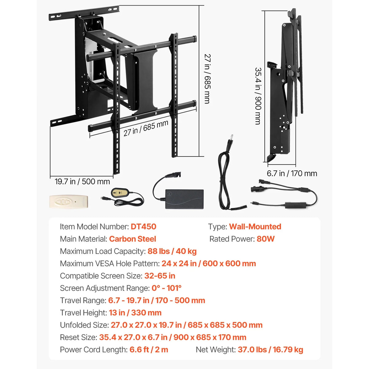 SucceBuy Motorized TV Wall Mount Bracket for 32–70 Inch TVs – Adjustable Electric Lift, Heavy Duty, Max VESA 24x16/24, 88–132 lbs Capacity