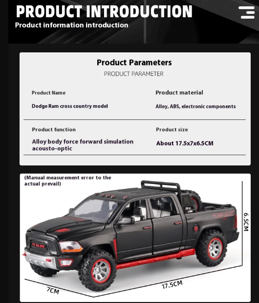 1:32 RAM Pickup Truck Alloy Model – Kids’ Toy with Sound, Light & Spring-Back Action for Adventurous Play