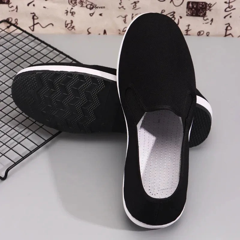 Men’s Old Cloth Slip-On Shoes – Breathable Black Canvas Casual & Driving Work Shoes