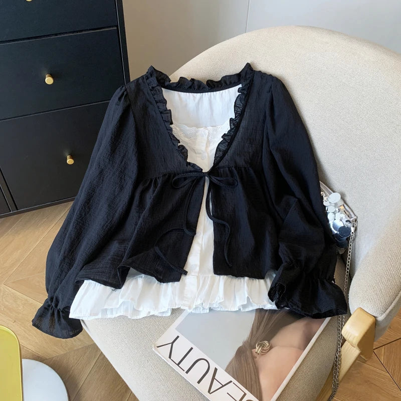 Casual Women’s Lace Collar Shirt – Sweet Fake Two-Piece Long Sleeve Top, Autumn 2024 Fashion