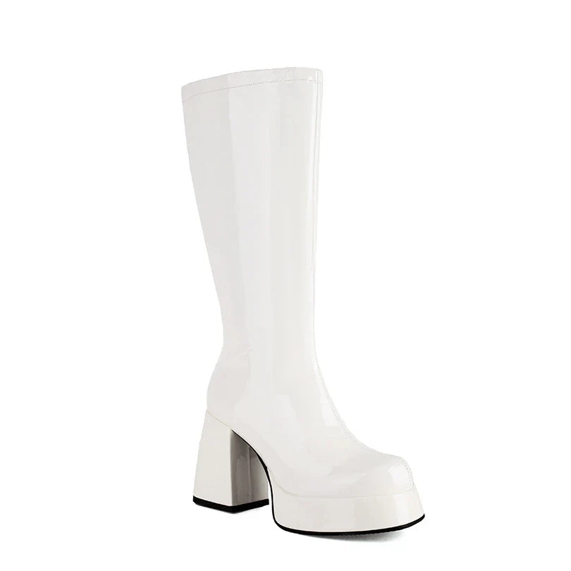 Women’s Plus Size Patent Leather Knee Boots - Square Toe Platform Thick Heel Plush Lined Side Zipper Boots