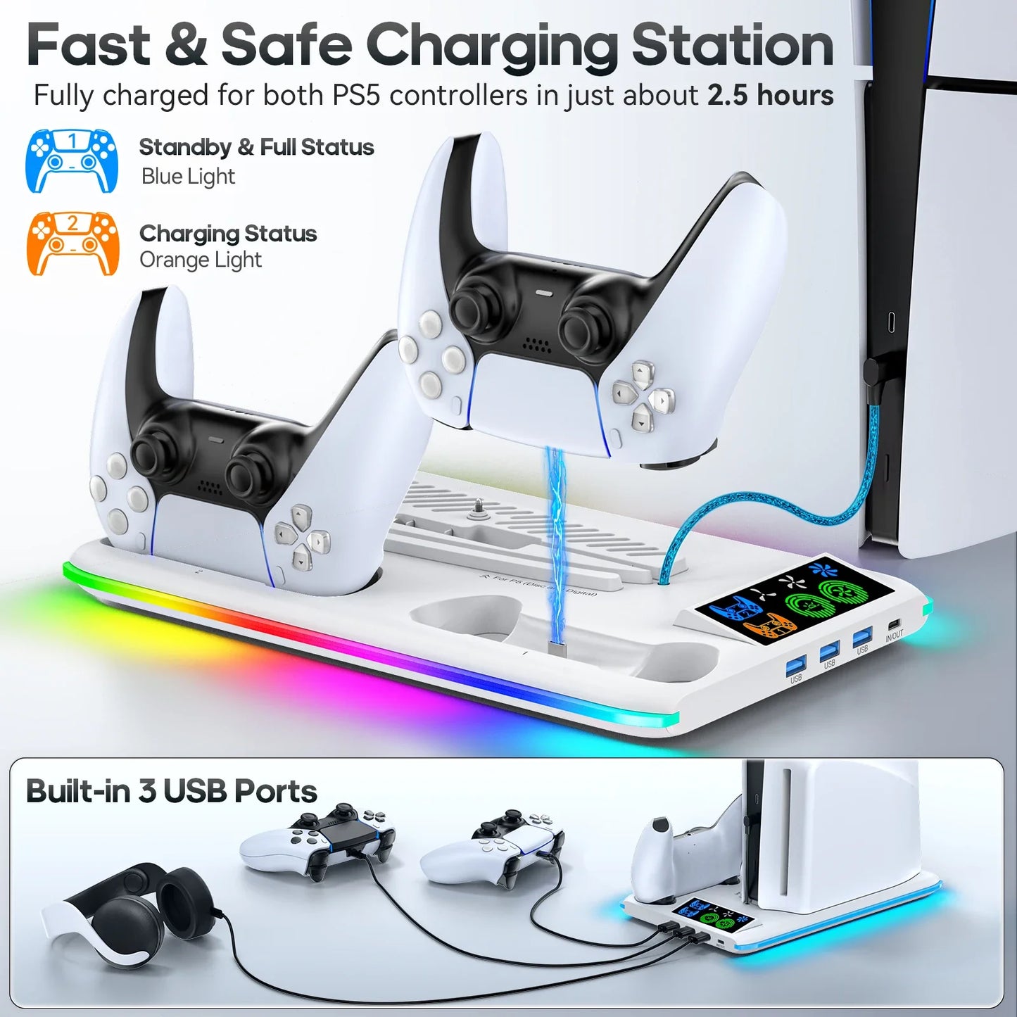 PS5/PS5 Slim/PS5 Pro Stand – Cooling Stand with Headphone Hook, Controller Charging Station & 3-Level Cooling Fan