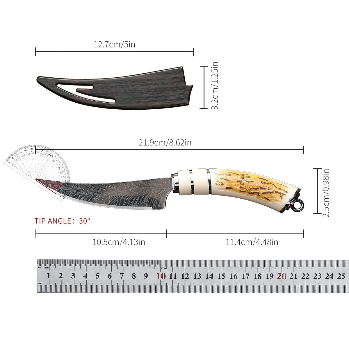 Damascus Style Boning Knife - Sharp Curved High Hardness Kitchen Fruit & Meat Cutting Knife