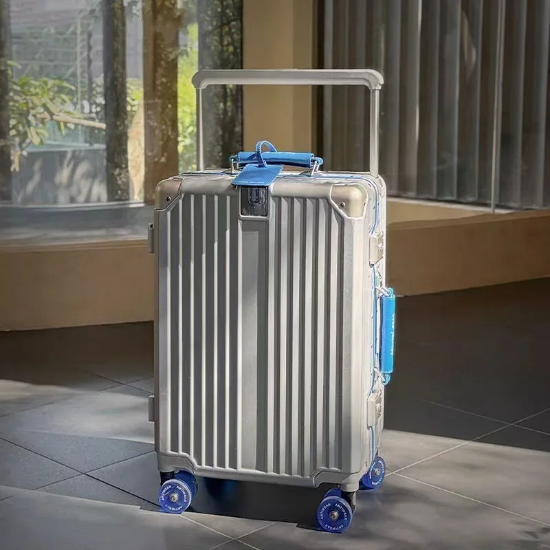Aluminum Frame Rolling Luggage — Wide Handlebar Trolley Suitcase with Colorful Silent Spinner Wheels, TSA Lock & Large Capacity