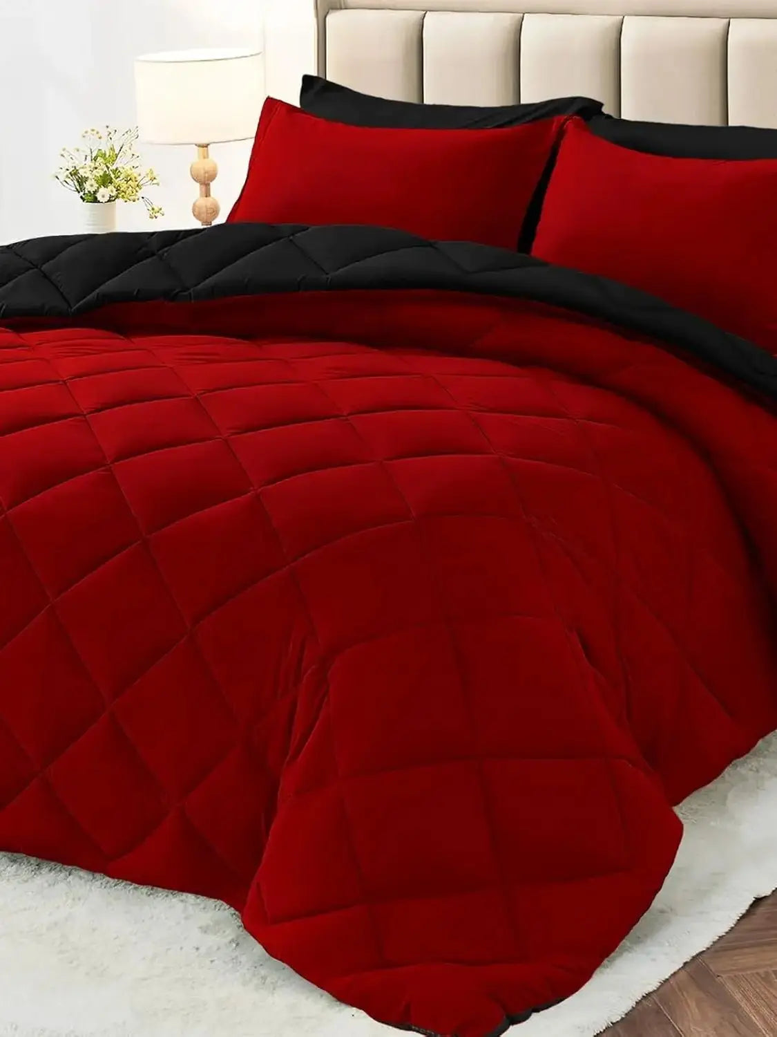 Reversible Queen/King Comforter Set – All-Season Bedding with Ultra-Soft Comforter & Pillow Shams, Red & Black
