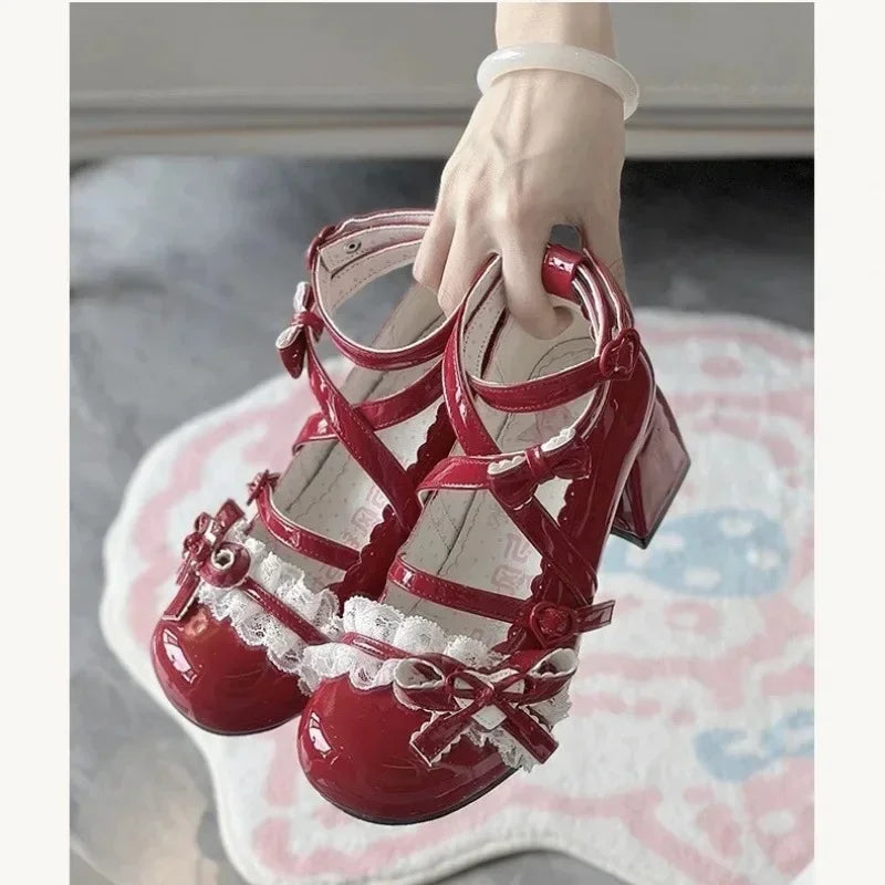 Lolita Red High Heels β Cute Lace Mary Jane Pumps for Women, Patent Leather Thick Heel Shoes