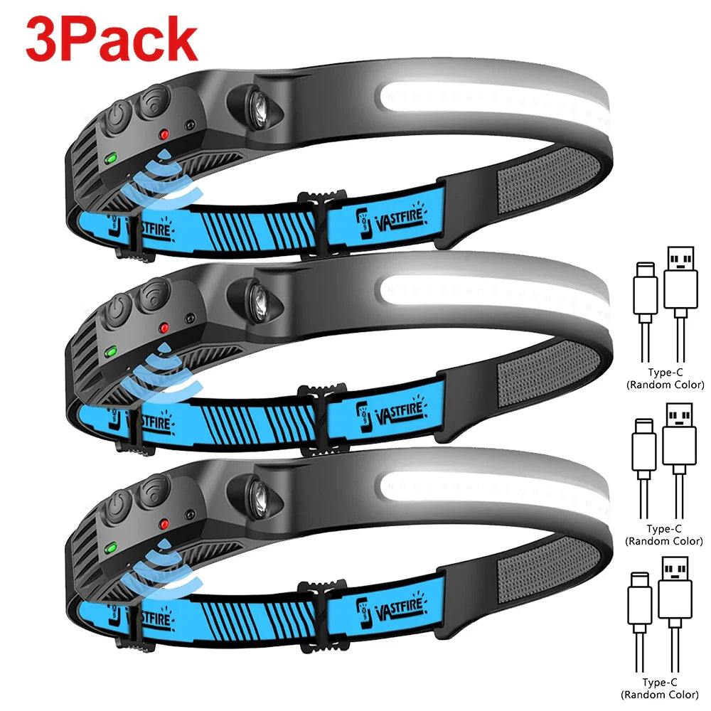 LED Sensor Headlamp – Built-in Battery 270° Wide Beam USB Rechargeable Head Flashlight, Ultra Bright Outdoor Headlight for Camping, Fishing & Work Use