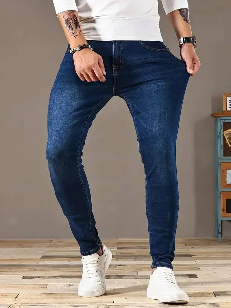 Men’s Elastic Skinny Jeans — Slim Fit Stretch Denim Pencil Pants Streetwear Casual Jogging Trousers Black