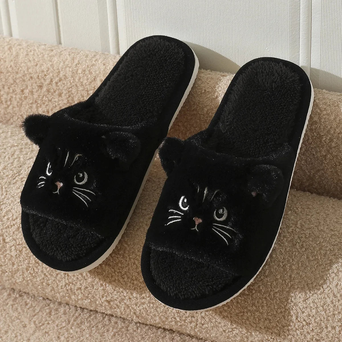 Cartoon Cat Plush Slippers - Women’s Open Toe Faux Fur Indoor Shoes with Non-Slip Wave Sole