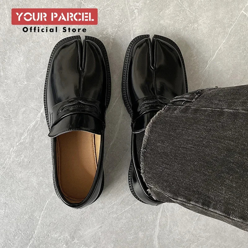 Men’s Split Toe Tabi Loafers – Thick Sole Patent Leather Casual Korean Trend Shoes