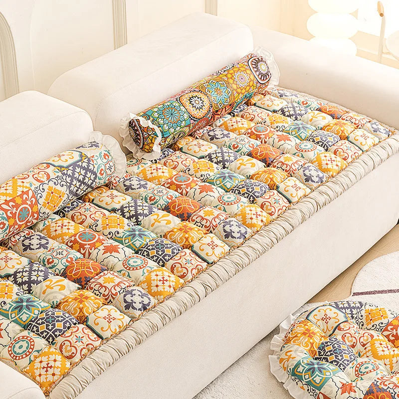 Cotton Floral Sofa Cover - Anti-Slip Couch Cushion & Tatami Furniture Protector
