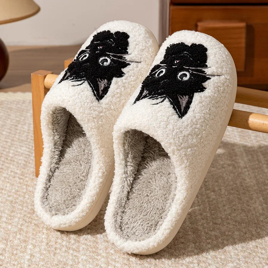 Women’s Cartoon Black Cat Slippers - Winter Indoor Bedroom Shoes with Soft Anti-Slip Comfort Sole